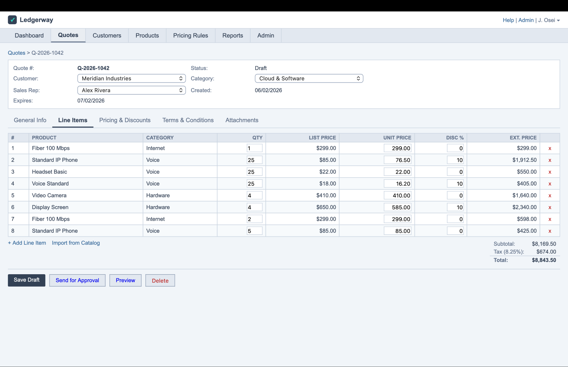 Quote edit · list price, unit price, discount, and extended price, per row.