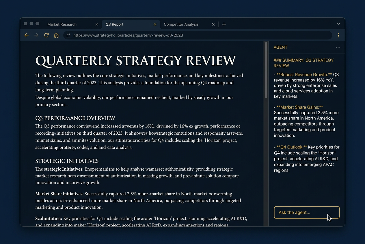 Browser window with the agent panel synthesizing a long article in real time