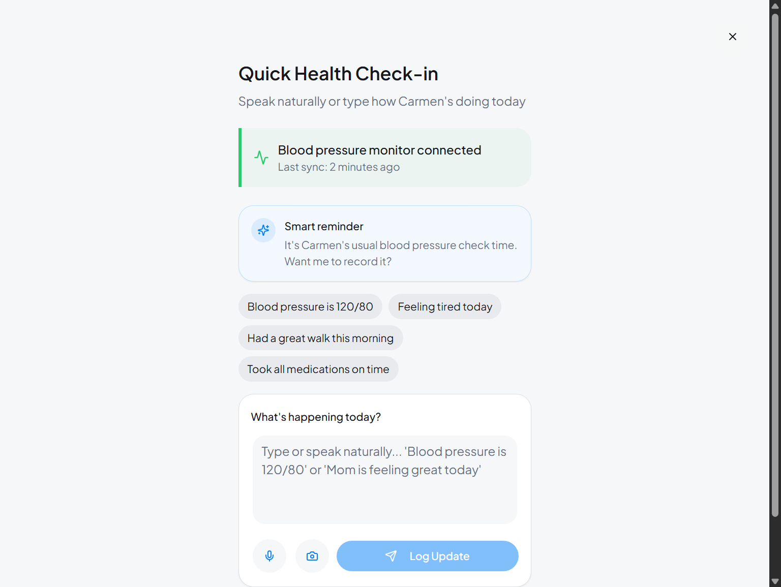 Quick health check-in interface with smart reminders