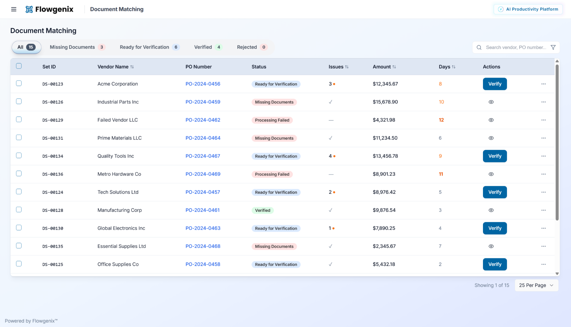 Flowgenix document matching dashboard showing automated invoice processing